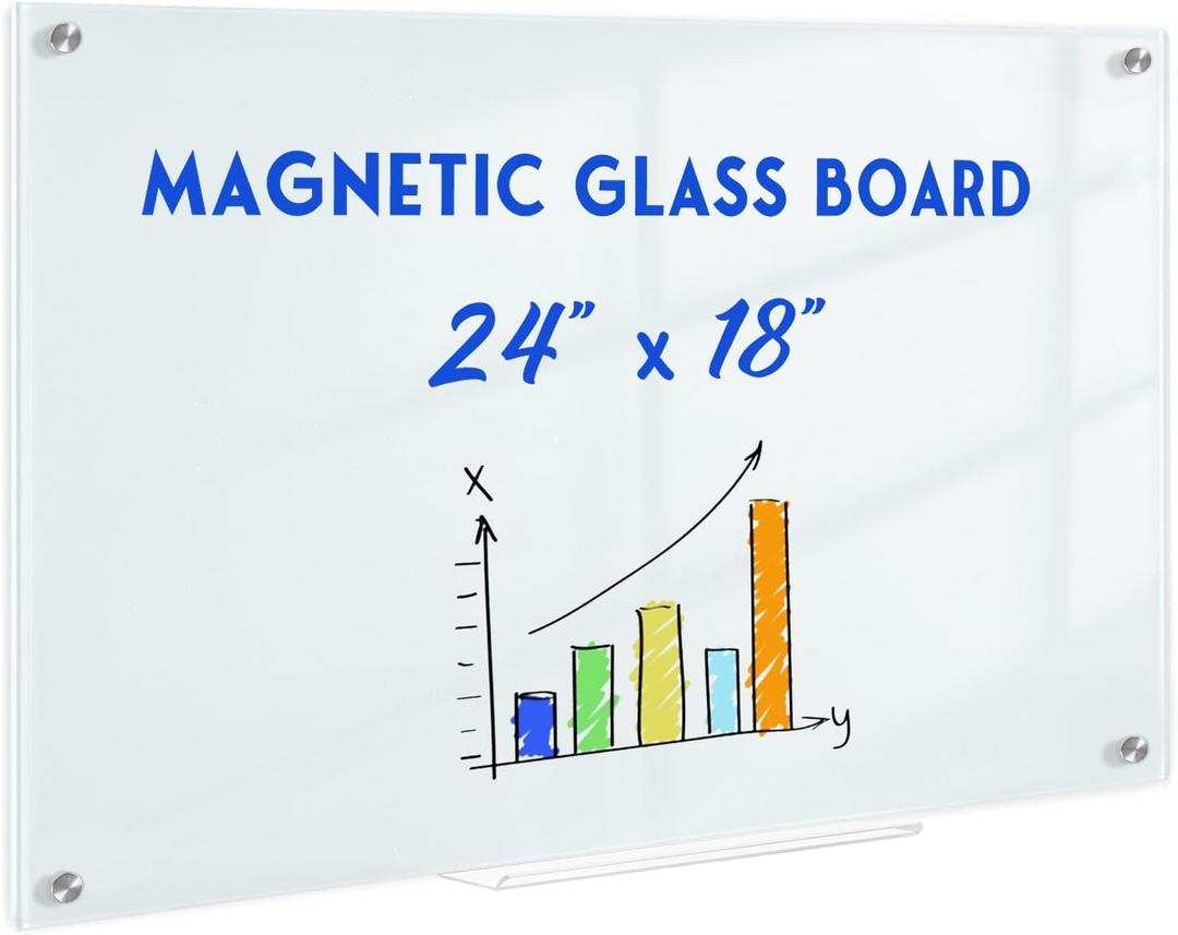 Magnetic Glass Whiteboard, 24" x 18" Glass Dry Erase Board for Wall, Frameless White Board with 1 Marker Tray and 3 Magnets for Office, Home, Classroom - Normal White