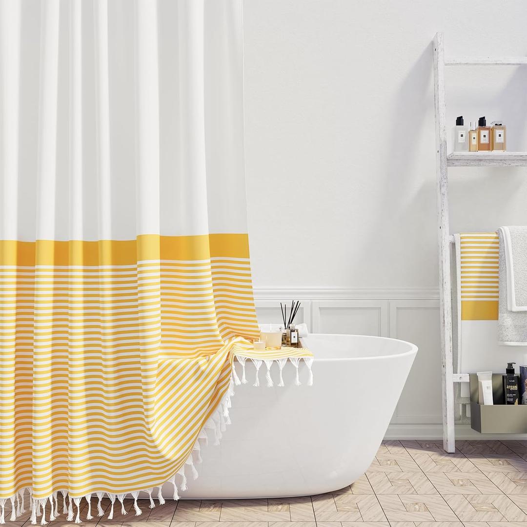 Dynamene Stall Fabric Shower Curtain, 60 inch Modern Farmhouse Yellow and White Boho Striped Cloth Shower Curtain with Tassels, Hotel Luxury Bathroom Shower Curtain Set with 10 Hook, Yellow, 60x72