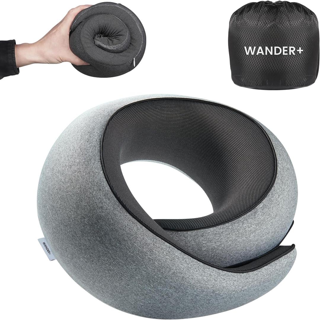 WANDER PLUS Travel Neck Pillow, Pure Memory Foam Neck Pillow for Airplanes, Comfortable Breathable Cover, 360 Degree Support Ergonomic Design Best for Sleeping Plane Train Travel Essentials Max Grey