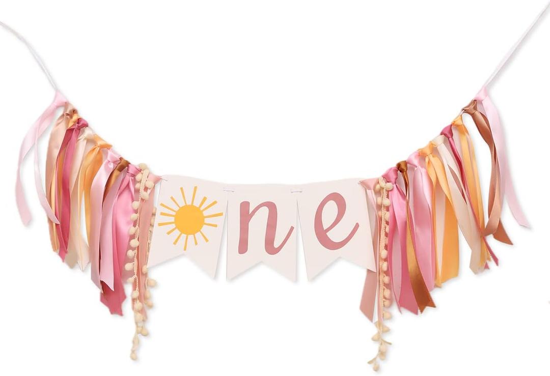 You Are My Sunshine High Chair Banner,Sun Themed First Birthday Party Decorations For Girl, Modern Sun One Garland For High Chair, Ribbon Tutu Skirt Baby Girl Shower Supplies (Pink)