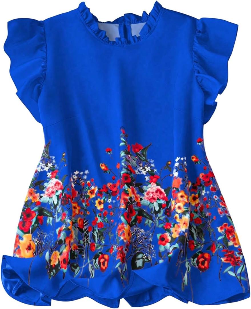 WDIRARA Women's Plus Size Floral Ruffle Cap Sleeve Blouse Frill Mock Neck Top Royal Blue 5X-Large Plus