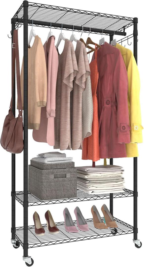 Rolling Portable Garment Rack,Freestanding Clothes Racks, Portable Closet Wardrobe with 3 Adjustable Wire shelves, 2 Side Hooks, Black