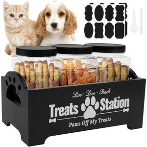 Dog Treat Container for Countertop Dog Food Storage with 3 Plastic Treat Jars Wood Dog Food Container with Handles and Lids Farmhouse Practical Pet Cat Dog Treat Storage Containers (Black)