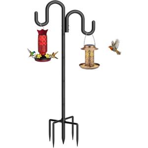 Double Shepherd Hook for Outdoor, 76" Heavy Duty Bird Feeder Pole with 5-Prong Base, Adjustable Thickened Shepherd Hook for Bird Feeder, Flower Baskets, Solar Lights, Lanterns, Black, 1 Pack
