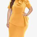 Plus Size Dress for Curvy Women Semi Formal Cocktail Party Midi Dress Bodycon Short Sleeve Bow Ruffle Pencil Dresses , Size L