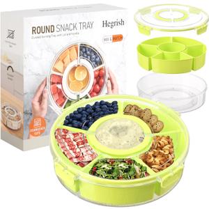 Divided Serving Tray with Lid and Handle, Large Snack Spinner Container, Multi-Purpose Food Platter for Parties, Travel and Picnics, Green