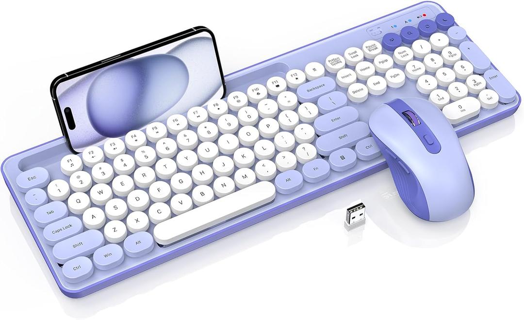 Wireless Keyboard and Mouse Combo, Retro Round Keycaps, Cute Full-Size Typewriter Keyboard with Phone Holder, Sleep Mode, Click Soft, 2.4GHz Cordless Connection for Windows/PC/Laptop (Lacy Lilac)