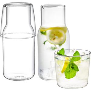 YOUEON 2 Sets 17 Oz Bedside Water Carafe and Glass Set, Nightstand Water Pitcher with Cup Lid, Juice & Mouthwash Bottle for Kitchen, Bedroom or Bathroom, Protective Foam Packaging