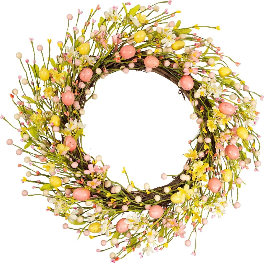 22 Inch Classic Easter Wreath, Eggs Wreath for Front Door with Pink Yellow White Wildflowers and Berries Spring Summer Door Wreath for Outside Porch, Farmhouse Easter Home Decor