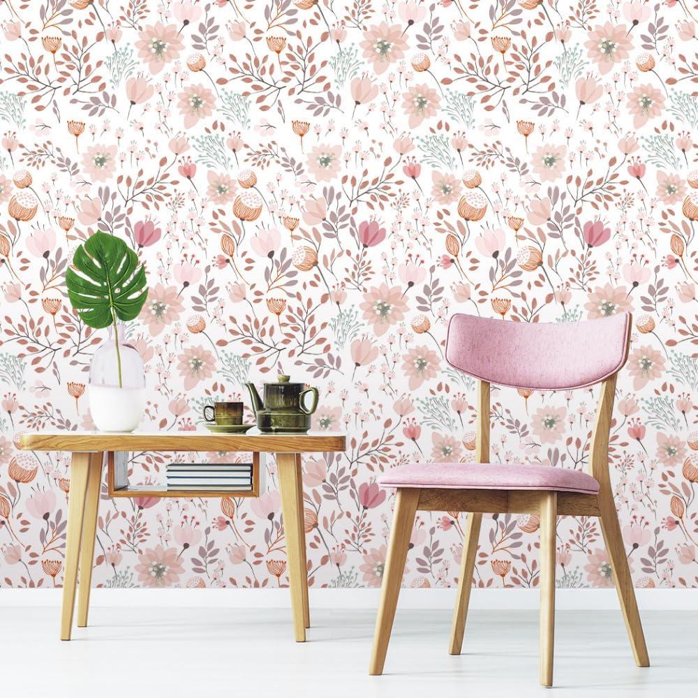17.7"x118.1" Sweet Girls Room Decor Peel and Stick Boho Pink Floral Peel Stick Wallpaper Contact Paper Removable Self Adhesive Flower Wallpaper for Walls Bedroom Home Decoration