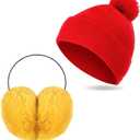 Toulite 2 Pcs Christmas Adult Knit Beanie Unisex Ear Muffs Set Winter Red Warm Snug Knit Hat Yellow Ear Warmers Cute Faux Fur Ear Covers Headband For Men Women Cosplay Parties Outdoor Gifts