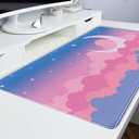 Cute Clouds Desk Mat Kawaii Desk Pad Gaming Mouse Pad Large Blue Sky Deskmat XXL Mousepad, Pink Purple Keyboard Mouse Mat Computer Mat for Desk, Kawaii Desk Decor for Women Girls 31.5X15.75 in (Q-painted Moon)