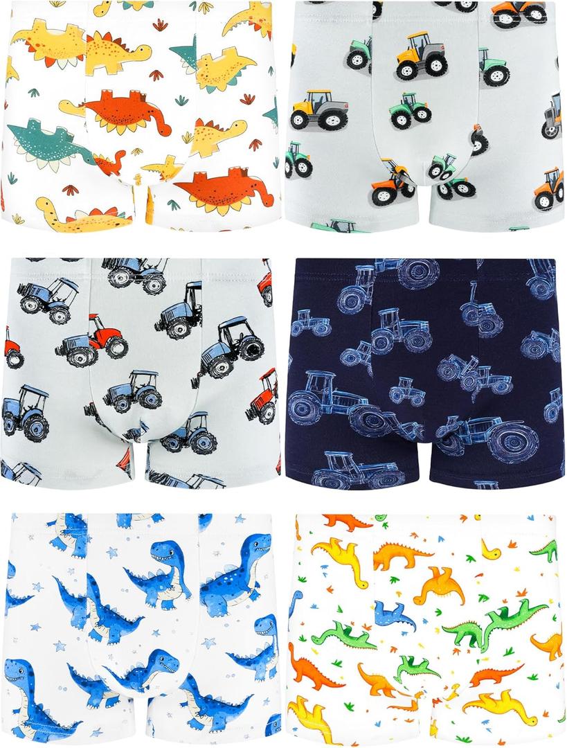 Boys Soft Cotton Boxer Briefs, Tagless Underwear for Toddlers & Kids, Breathable, Assorted Prints, 6-Pack (4T, Dinosaur-leaf-footprints-star-red Tractor)