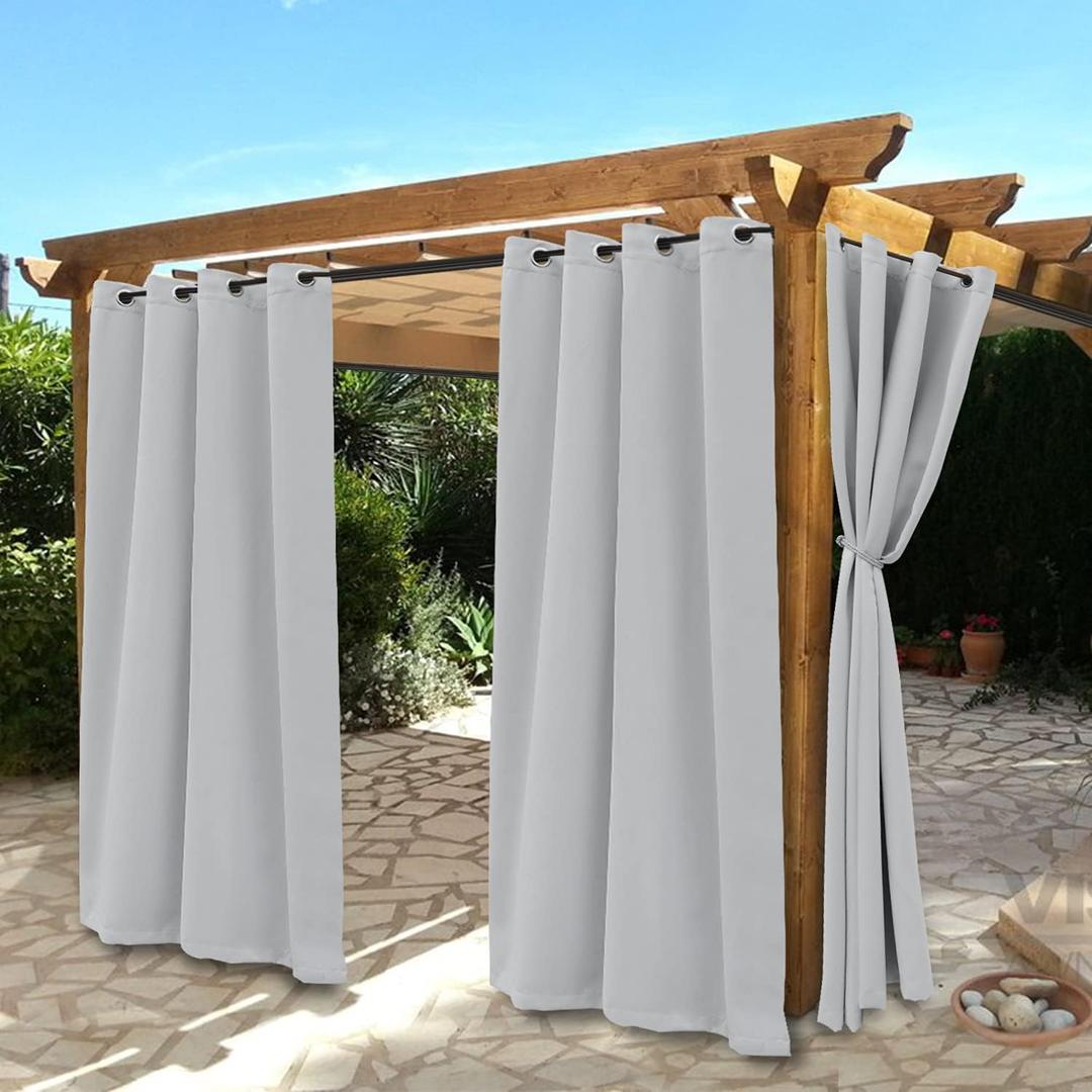 BONZER Waterproof Indoor/Outdoor Curtains for Patio - Thermal Insulated, Sun Blocking Grommet Blackout Curtains for Bedroom, Porch, Living Room, Pergola, Cabana, 2 Panels, 52 x 95 inch, Vintage Silver