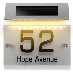 Angoily Solar Address Sign Lamp with 18 Led Lights, House Numbers for OutsideDual Color White and Warm Light, Stainless Steel Doorplate for Home Decor