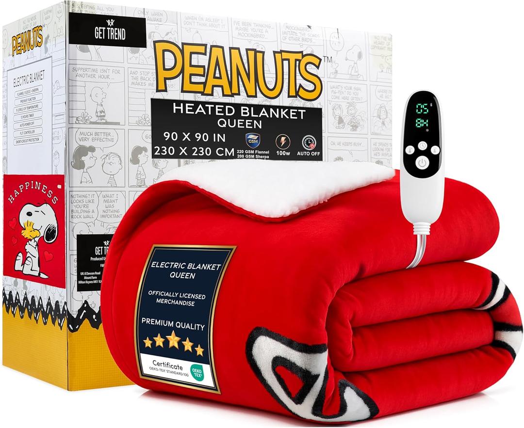 Get Trend Peanuts Snoopy Heated Blanket Electric, Queen Size Luxurious Fleece Blanket, 9 Heat Settings Auto Shut-Off, 90x90in, Gifts for Mom, Grandma, Grandpa (Red Snoopy, Queen US)