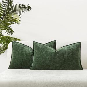 JUSPURBET Set of 2 Green Chenille Lumbar Throw Pillow Covers 16x24 Inch Soft Textured Decorative Cushion Cases for Couch Sofa Bed Solid Home Decor Pillowcases