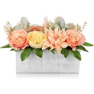 DILATATA Flower Arrangement with Wooden Vase 10" Artificial Flowers in Pot - Fake Flowers in White Rectangular Wooden Vase Potted Faux Flower Centerpieces for Table Decor Living Room - Orange