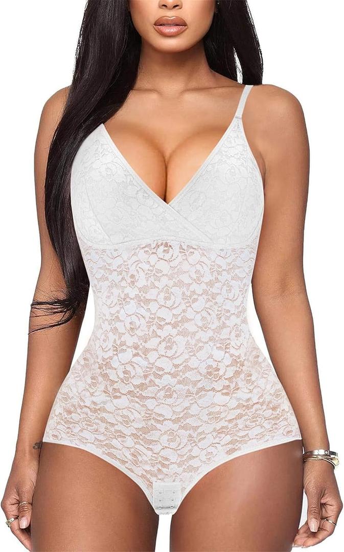 BRABIC Lace Bodysuit for Women Tummy Control Shapewear Sleeveless Tops V-Neck Backless Camisole Jumpsuit Shaper (Small, White)