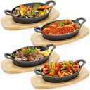4 Pack Mini Cast Iron Fajita Skillet Set, 8.5 x 6.1 Inch Sizzling Plate with Wooden Base, Small Oval Casserole Dishes, Cast Iron Pizza Baking Steak Pan for Stove, Oven, Grill