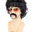 Bettecos 70s Disco Wigs for Men - Brown Curly 80s Mullet Wig for Halloween Costume Party Male Afro Funny Wigs with Glasses Necklace and Mustache (Black)