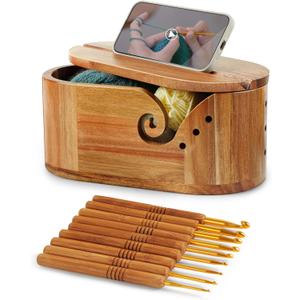 Oval Yarn Bowl, Crochet Yarn Holder with 9pcs Knitting Hooks, Yarn Storage Crochet Bowl Knitting Gift for Crocheters, Large Yarn Bowl Acacia Wooden 11.3x5.9x4.7inch (Acacia Yarn Bowl with Lid)