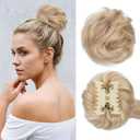 MY-LADY Claw Clip Messy Bun Hair Pieces Human Hair for Women Real Hairpiece Wavy Scrunchies Tousled Updo Donut Chignon Ponytail Extension Golden Brown & Bleach Blonde