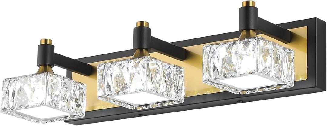 3-Light Bathroom Light Fixtures Over Mirror, Dimmable LED Bathroom Vanity Light with Crystal Shade, Black and Gold Modern Wall Sconce Light, Bathroom Lighting Fixtures Over Mirror, Bath Lamp
