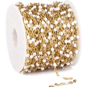 33 Feet Gold Enamel Chains Bulk, 2mm 18K Gold PVD Plated 304 Stainless Steel White Enamel Beaded Cable Link Chain Roll Spool for Jewelry Making