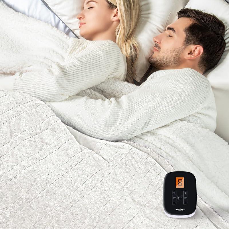 WOOMER Heated Blanket Twin Size 62" x 84", Electric Blanket with 0.5-12 Hours Timer & 10 Heating Levels, ETL Certified, White Double-Sided Velvet, Over-Heat Protect, Machine Washable