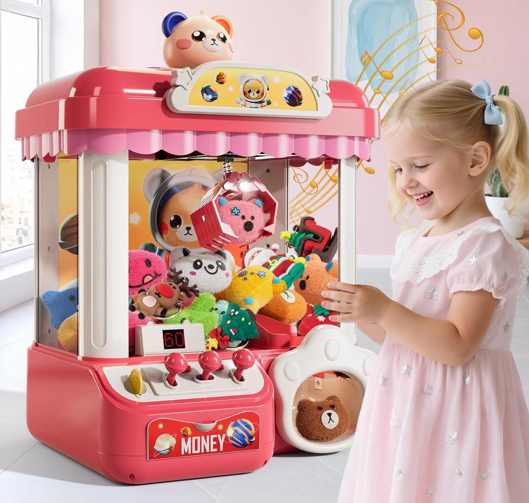 Claw Machine for Kids, Mini Vending Machine with Music & 36 Mini Toys, Candy Grabber Prize Dispenser, Electronic Arcade Game Birthday Party Gifts for 3 4 5 6 7 8 Years Old (Pink)