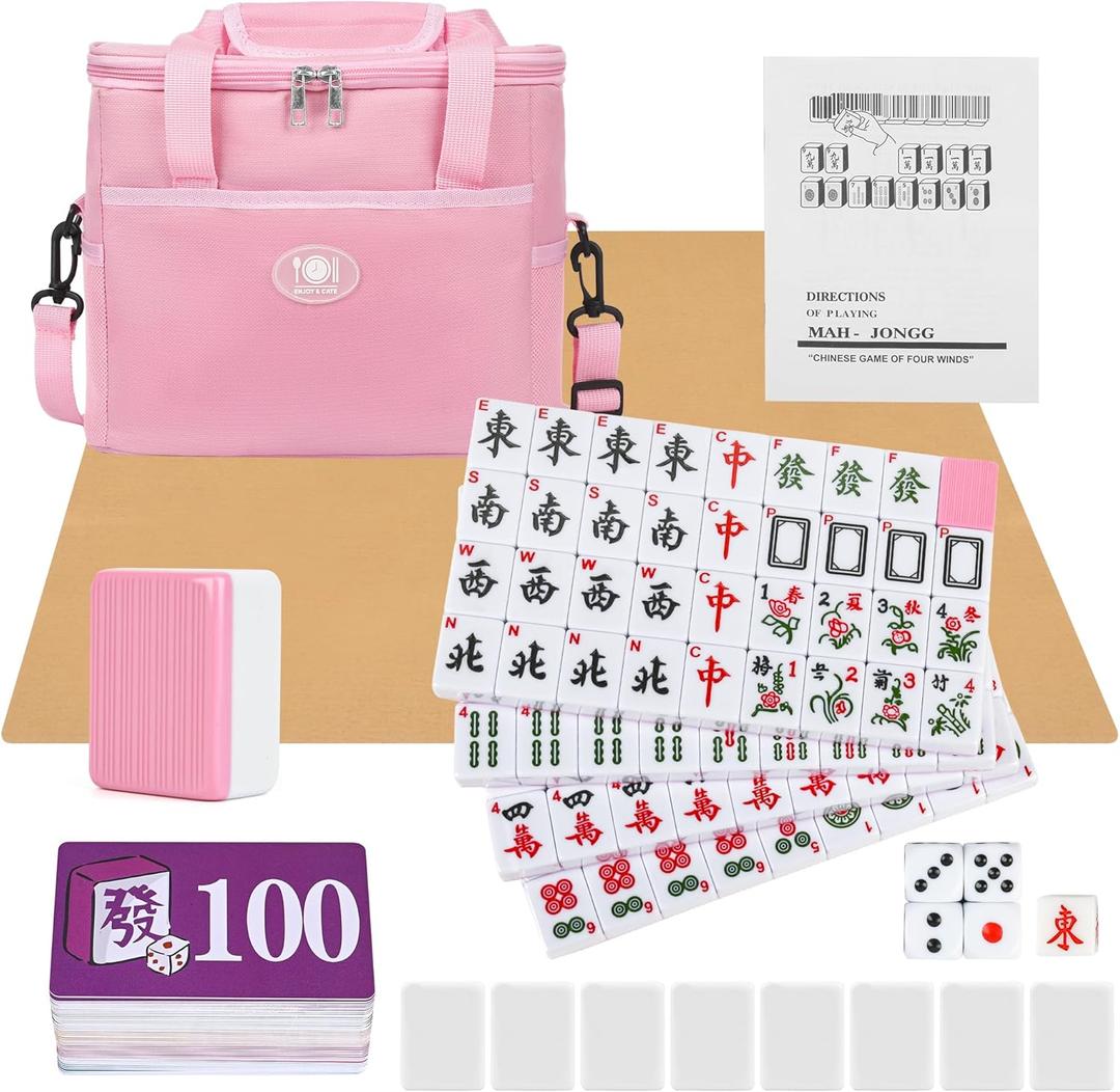 Chinese Mahjong Game Set, 144 Numbered Melamine 1.42" Size Tiles(Pink) and 8 Blank Tiles, with Pink Carrying Travel Bag, English Instruction, Pro Complete Mahjong Game Set
