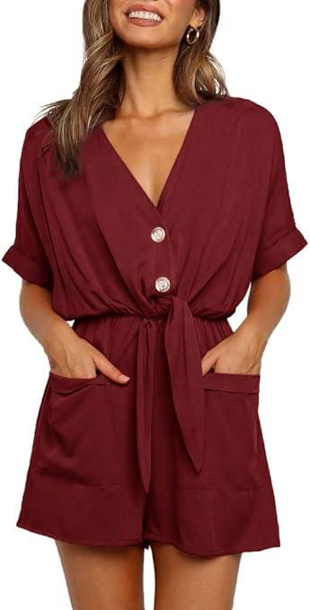 Ivay Womens V Neck Button Rompers Knot Tie Short Sleeve Sexy Loose Playsuit Jumpsuit with Pockets