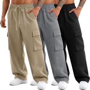 3 Pack Big and Tall Men's Cargo Sweatpants Open Bottom Drawstring Elastic Waist Pants with Pockets Casual Hiking (XX-Large, Khaki, Mixed Gray, Black)
