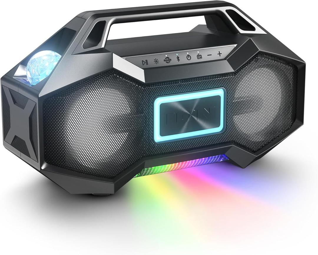 Ion Party Rocker Go Portable Bluetooth Boombox Speaker with Party Lights, Battery, 3.5" Speakers, FM Radio, USB Charge Port, App, Water-Resistant, 60W