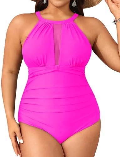 Aqua Eve Plus Size Swimsuit Women One Piece Swimsuit Tummy Control High Neck Bathing Suit Ruched Swimwear, size -20W