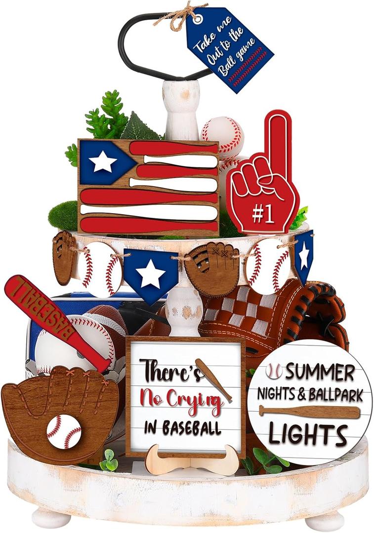 FairySandy 13 Pcs Baseball Tiered Tray Decor Wooden Baseball Table Centerpieces Decor Rustic Wooden Sport Game Sign for Fans Theme Party Supplies