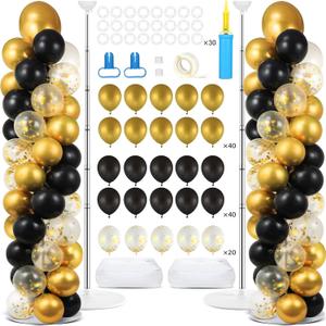 2 Set Black and Gold Balloons Column Stand Kit with 100 Balloons Adjustable Balloon Stand with Bases for Floor Black Gold Confetti Balloon Column Kit for Bridal Shower Valentine Birthday Party Decor