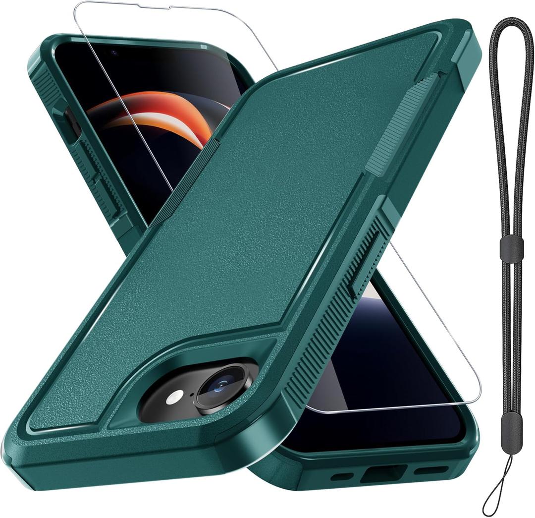 RMOCR for iPhone 16e Case & iPhone 17e Case, with Screen Protector,Military Grade Heavy Duty Shockproof Phone Cover with Wrist Lanyard Strap for iPhone 16e & iPhone 17e,Dark Green