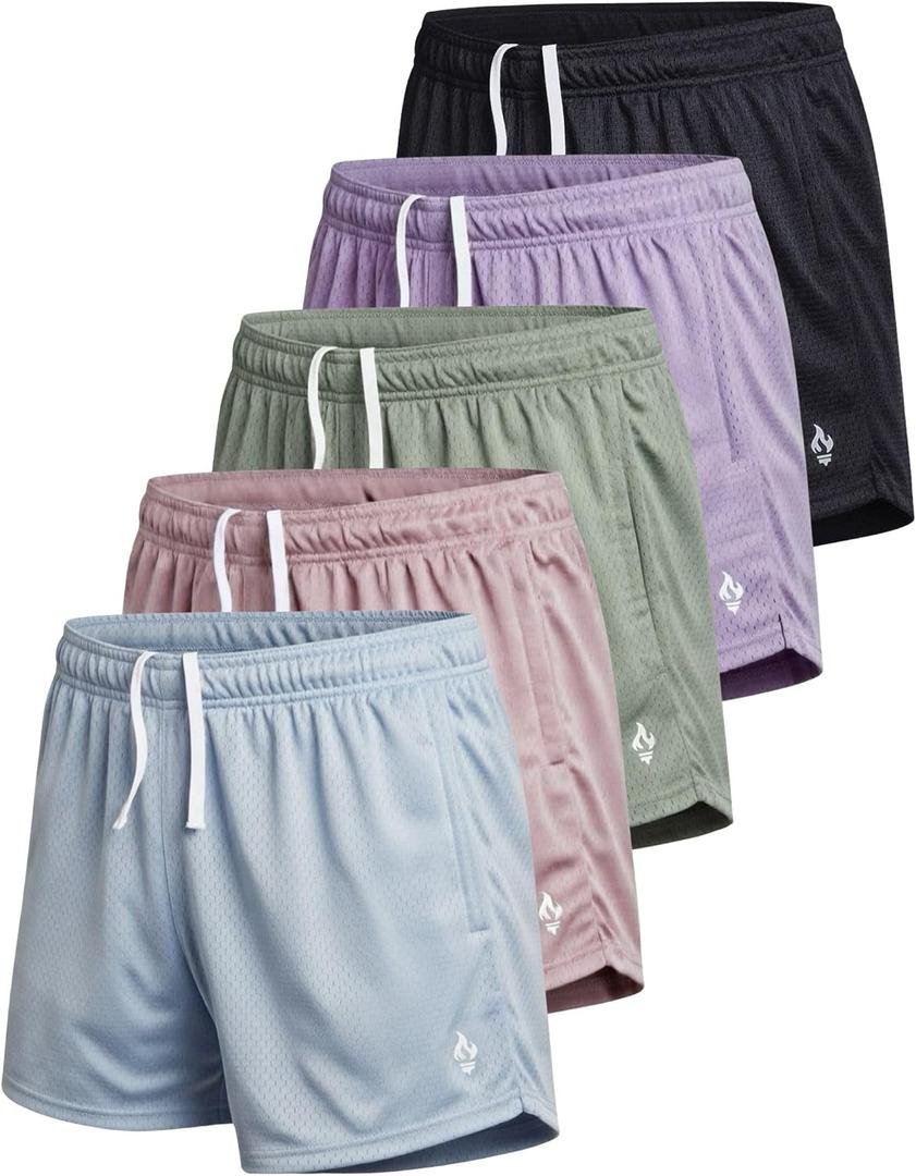 Liberty Imports 5-Pack Women's Athletic Mesh Shorts 5" Inseam, Ladies Loose Pull-On Shorts with Zipper Pockets XL