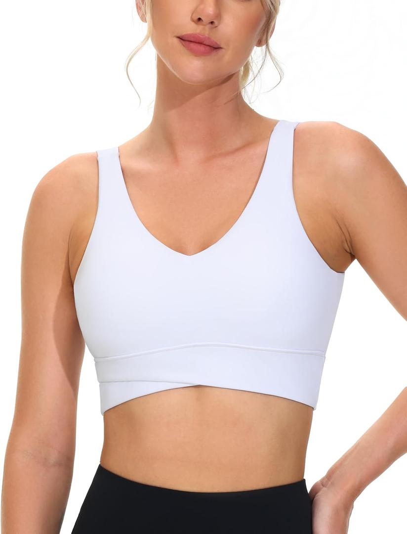 THE GYM PEOPLE Women's Padded Sports Bra V-Neck Wireless Stretchy Workout Crop Tops with Cross Hem Soft Yoga Bras (Large, White)