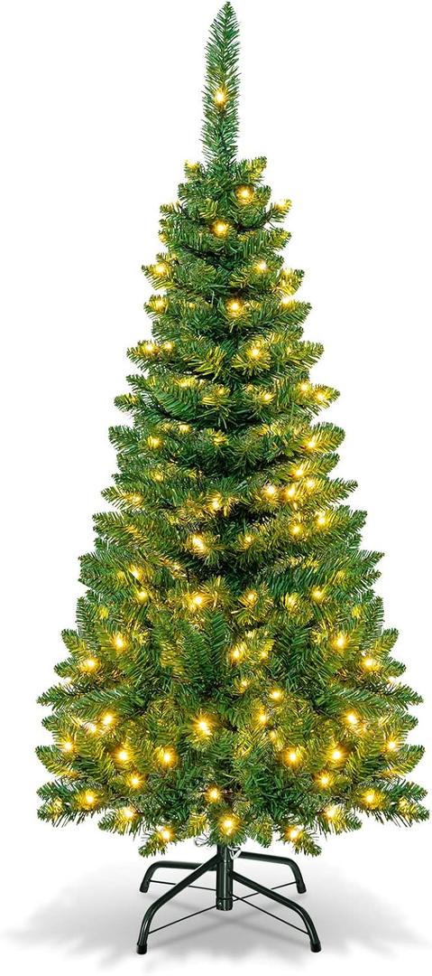 Goplus Prelit Pencil Christmas Tree, 4.5FT Premium Hinged Fir Tree, with LED Lights and Solid Metal Stand, Easy Assemble, Ideal Artificial Xmas Tree for Home and Office, Warm White LED (Green)