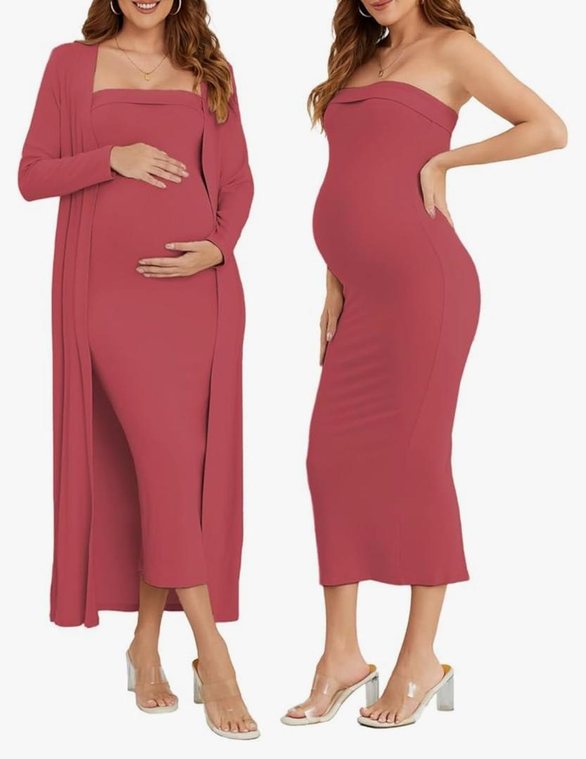 Ecavus Maternity Tube Dress Long Cardigan 2 Piece for Baby Shower and Wedding Guest Ribbed Maternity Photoshoot Dresses, M