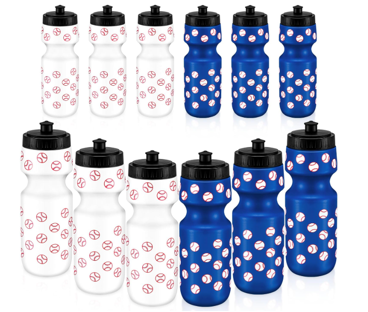 24 Pcs 
Water Bottle Bulk Reusable Sports Squeeze Water Bottles Ball Cup Accessories for Sports Party Favors Team Gifts Players for Gym Most Bike Cage (Baseball)