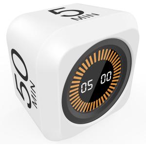 Rotating Cube Visual Pomodoro Timer 5, 25, 10 50 Minutes Preset + Custom Countdown, Rechargeable Desk Productivity Flip Timer with Detachable Silicone Cover for ADHD Study Work Kitchen School (White)