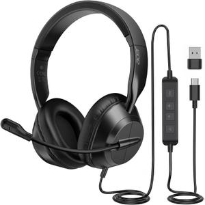 Acer Headset with Microphone for PC - ENC Noise Cancelling Headphones with Mic, Dual USB C Headset with Microphone & USB, 40mm Drivers Wired Headset with Mic for Work, Call Center Headset for Office