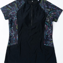 Halcurt Women's Half Zip Short Sleeve Rash Guard Top with Bra Side Pockets Swim Shirts UPF50+ Swimsuit Black Paisley, M