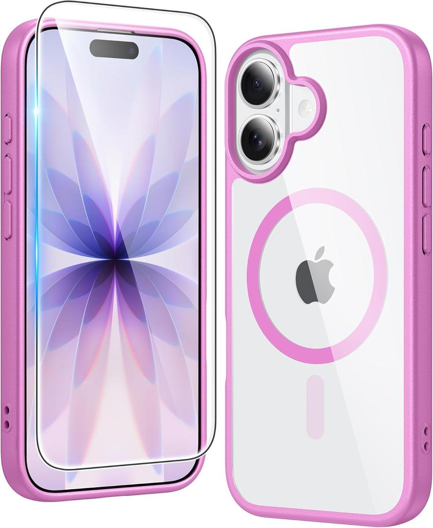 FNTCASE for iPhone 17 Case Clear: Magnetic Phone Cases with Screen Protector Drop Proof Compatible with Magsafe Slim Anti Yellowing Rugged Shockproof Protective Transparent Cell Cover (B-Pink)
