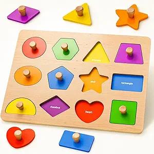 Wooden Shape Peg Puzzles for Toddlers 1 2 3 Year Old Boys Girls Gifts: Shape Sorter & Color Match Baby Puzzles 12-18-24 Months - Montessori Toys for 1 2 3 Year Old Toddler Learning Activities