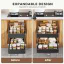 Seinloes 4 Pack Pull Out Cabinet Organizers 21" Deep With Raising Pad for Framed Cabinets, Expandable Width (9"-14") Slide Out Drawers Upgrade 3 Slide Rails, Roll Out Shelves Adhesive, Black